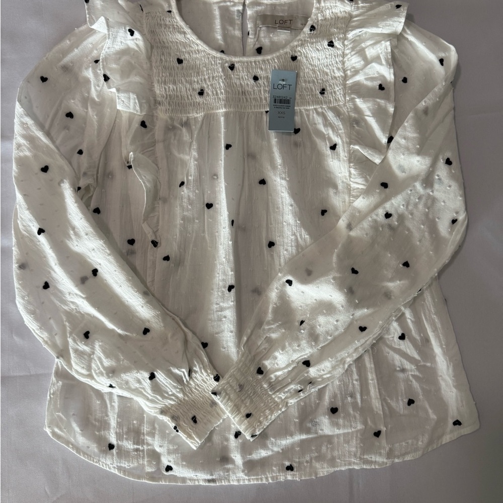 LOFT White Ruffle Smocked Blouse with Black Heart Print
